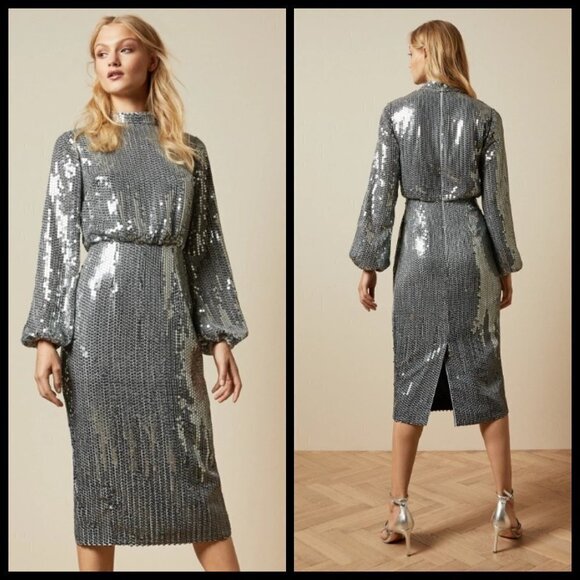 💕TED BAKER LONDON💕 Ophilla Long Sleeve Sequin Mini Dress Gunmetal 6 NWT - Picture 2 of 16